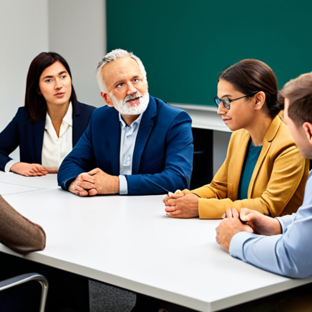 A diverse group of adult learners, fully clothed in professional and modest business casual attire, seated around a modern collaborative table. They are deeply engrossed, some with thoughtful expressions, while one person actively engages in storytelling or presenting, conveying a sense of shared learning and immersion. The setting is a bright, contemporary educational space with subtle ambient lighting, focusing on the group's engagement. Professional photography, high resolution, soft focus, warm lighting, perfect anatomy, correct proportions, natural pose, well-formed hands, proper finger count, natural body proportions, safe for work, appropriate content, fully clothed, modest, family-friendly.