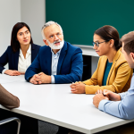 A diverse group of adult learners, fully clothed in professional and modest business casual attire, seated around a modern collaborative table. They are deeply engrossed, some with thoughtful expressions, while one person actively engages in storytelling or presenting, conveying a sense of shared learning and immersion. The setting is a bright, contemporary educational space with subtle ambient lighting, focusing on the group's engagement. Professional photography, high resolution, soft focus, warm lighting, perfect anatomy, correct proportions, natural pose, well-formed hands, proper finger count, natural body proportions, safe for work, appropriate content, fully clothed, modest, family-friendly.