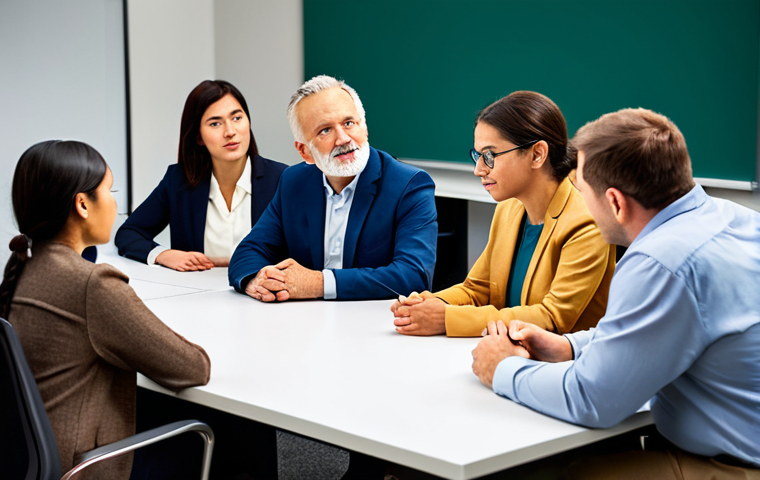 A diverse group of adult learners, fully clothed in professional and modest business casual attire, seated around a modern collaborative table. They are deeply engrossed, some with thoughtful expressions, while one person actively engages in storytelling or presenting, conveying a sense of shared learning and immersion. The setting is a bright, contemporary educational space with subtle ambient lighting, focusing on the group's engagement. Professional photography, high resolution, soft focus, warm lighting, perfect anatomy, correct proportions, natural pose, well-formed hands, proper finger count, natural body proportions, safe for work, appropriate content, fully clothed, modest, family-friendly.